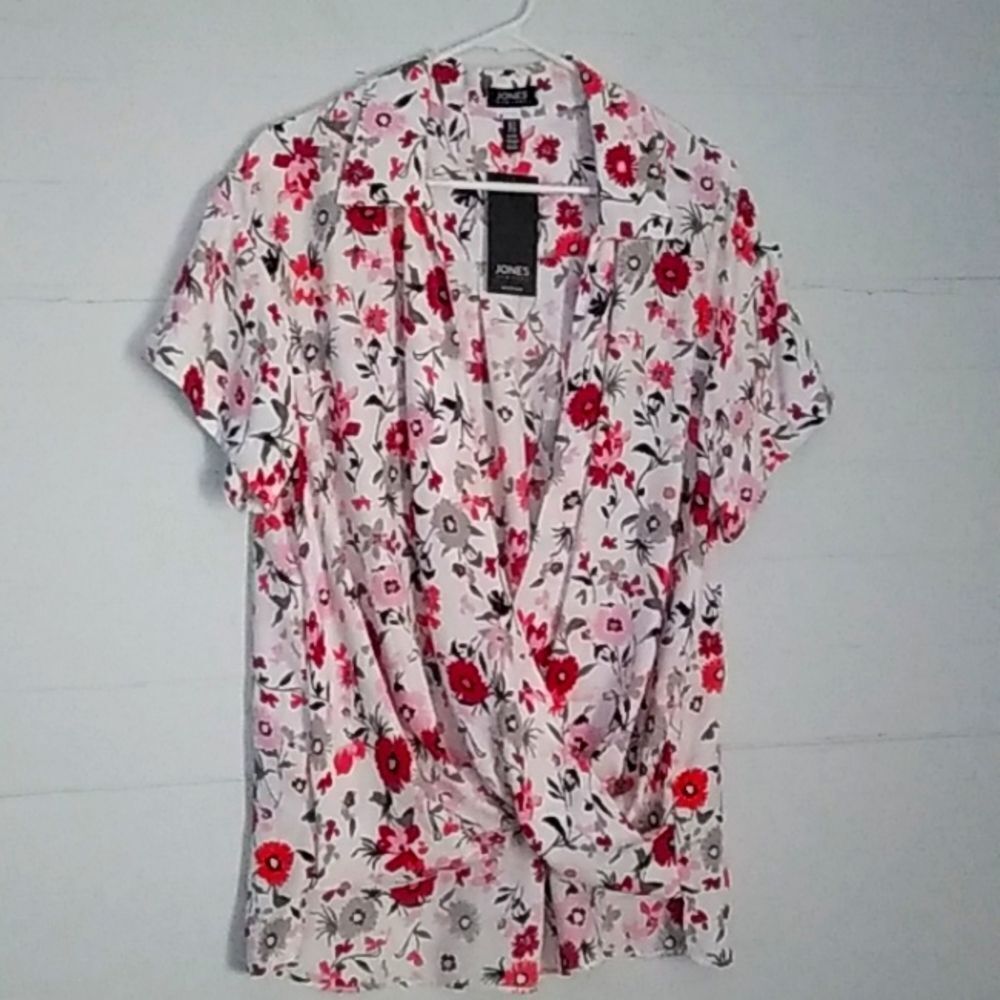 Jones New York Floral Blouse - Red, Gray, White